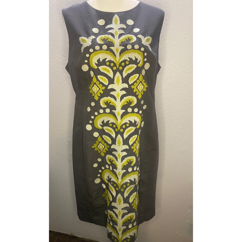 Anthro Tabitha Embroidered Shift Dress Gray Lime Floral Career Women's Size M